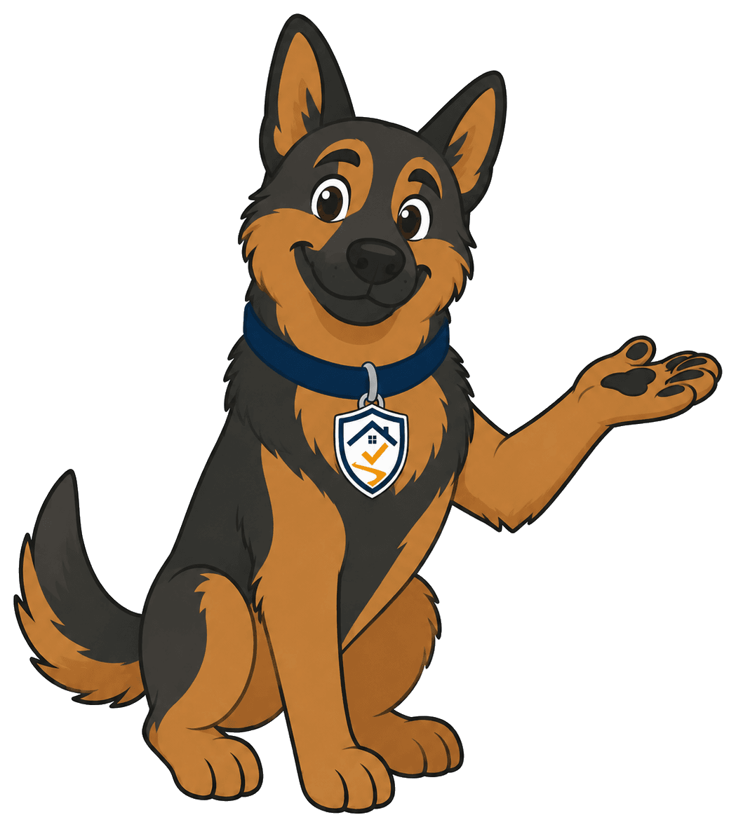 Wachhund-Maskottchen von Sicherheitstechnik Saarland weist einladend zum kostenlosen Anfrageformular
